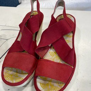 Fly London women's red suede leather slip on cross wedge sandal size 38